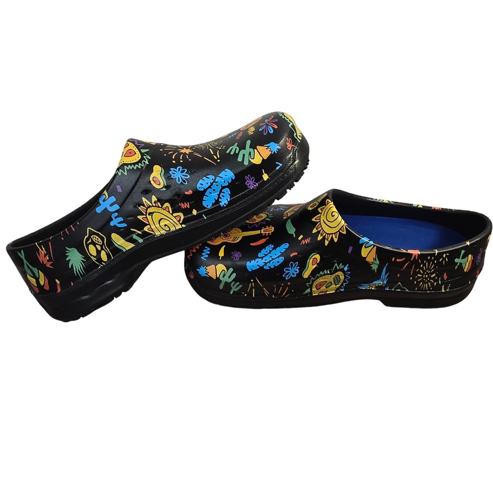 NEW Shoes For Crews Radium Black Multi Festive Print Slip Resistant Clogs M8 W10 - Picture 8 of 15